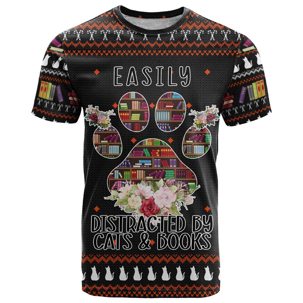 Cat And Books Christmas T-Shirt Xmas Holiday Patterns Graphic Tee