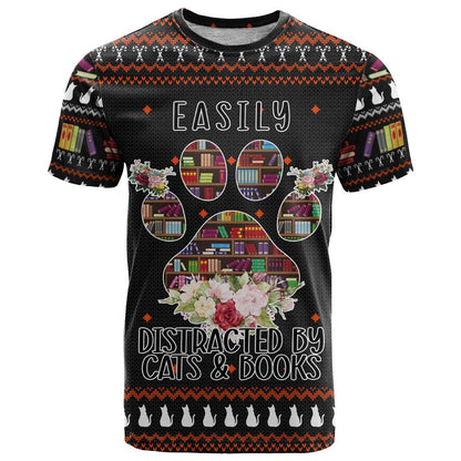 Cat And Books Christmas T-Shirt Xmas Holiday Patterns Graphic Tee