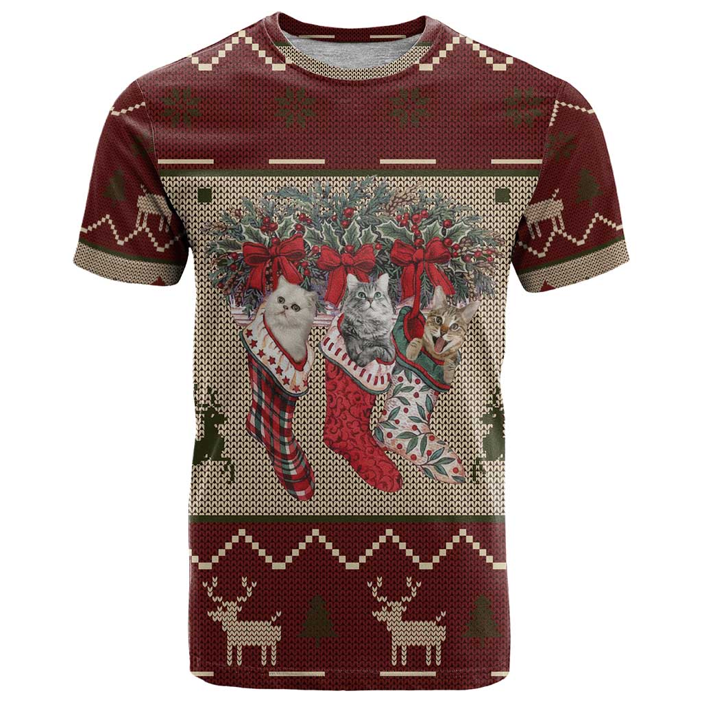 Cat And Sock Christmas T-Shirt Xmas Holiday Patterns Graphic Tee