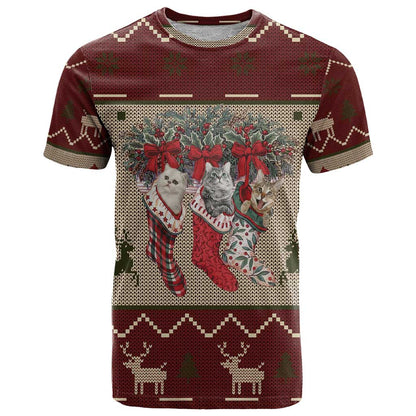 Cat And Sock Christmas T-Shirt Xmas Holiday Patterns Graphic Tee