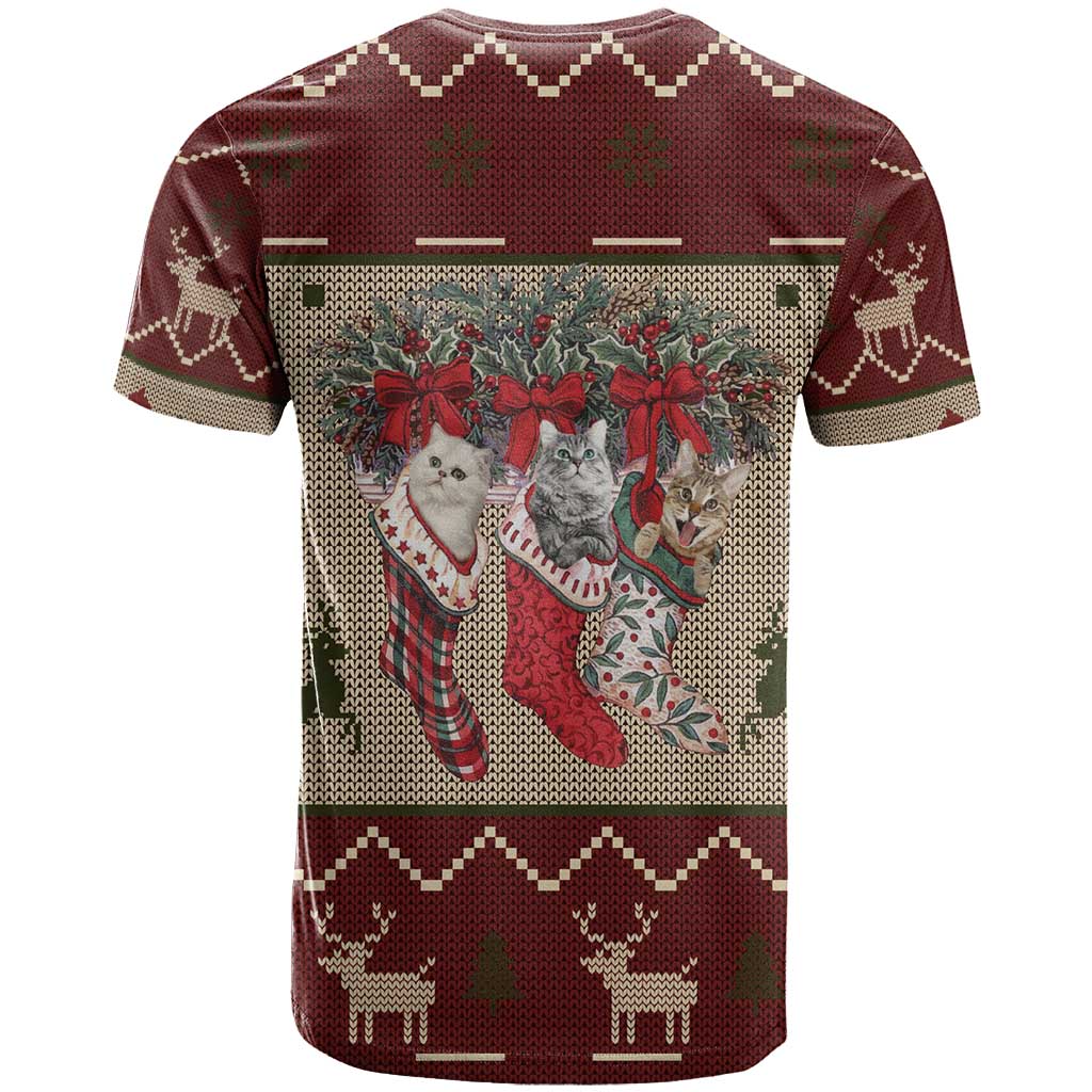 Cat And Sock Christmas T-Shirt Xmas Holiday Patterns Graphic Tee