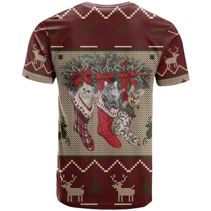 Cat And Sock Christmas T-Shirt Xmas Holiday Patterns Graphic Tee