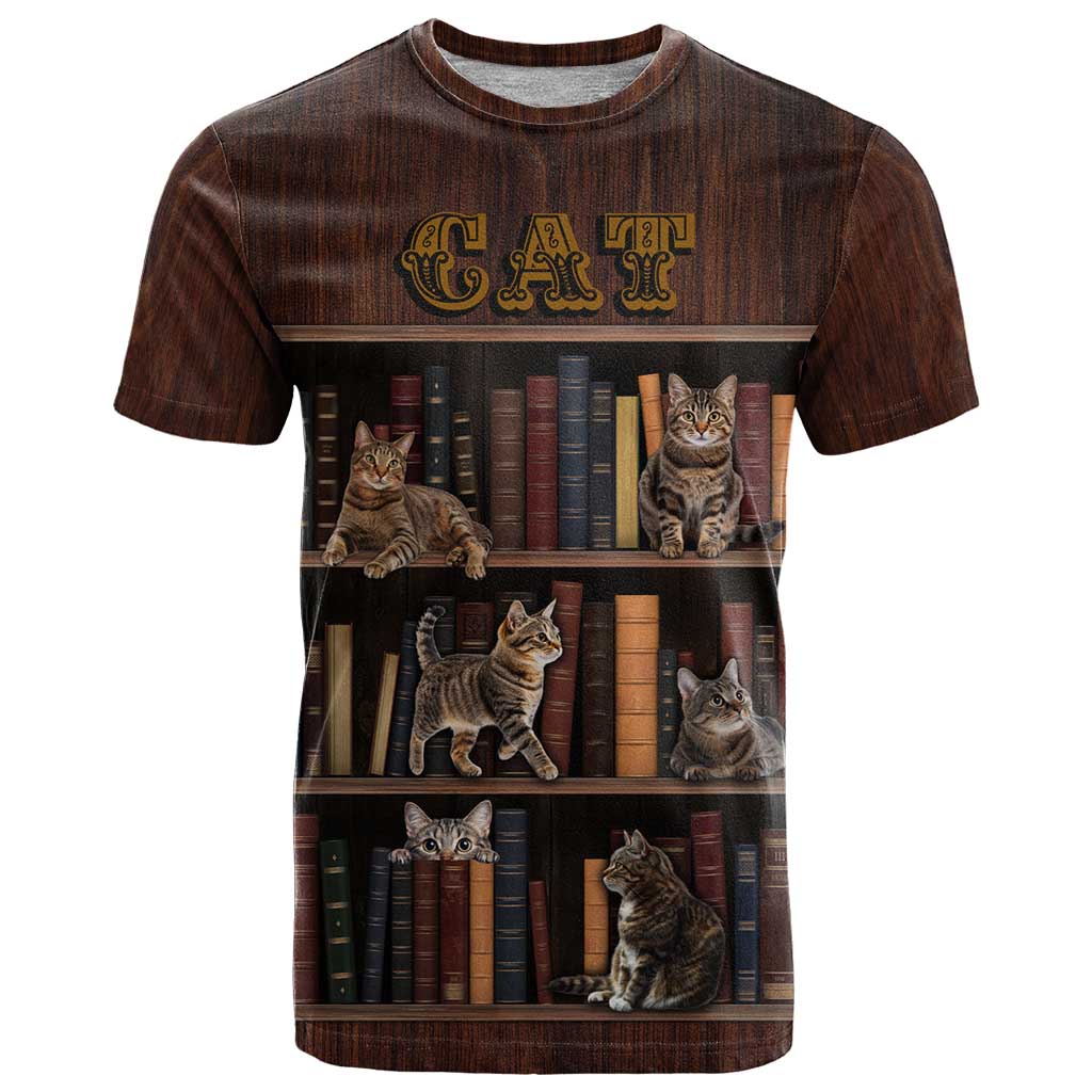 Cat Bookcase Christmas T-Shirt Xmas Holiday Patterns Graphic Tee