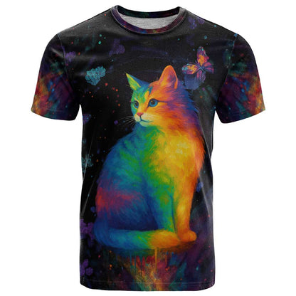 Cat Colorful Christmas T-Shirt Xmas Holiday Patterns Graphic Tee