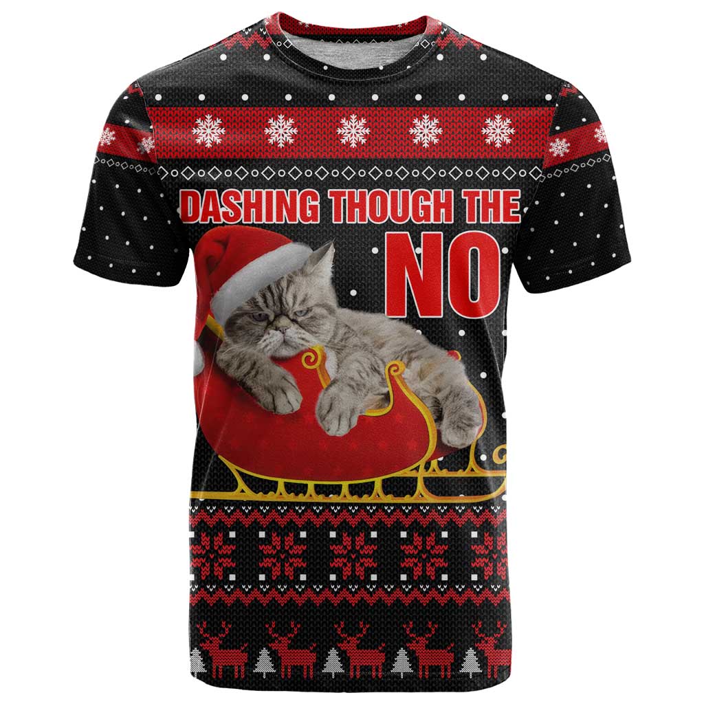 Cat Dashing Through The No Christmas T-Shirt Xmas Holiday Patterns Graphic Tee