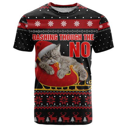 Cat Dashing Through The No Christmas T-Shirt Xmas Holiday Patterns Graphic Tee