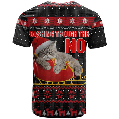 Cat Dashing Through The No Christmas T-Shirt Xmas Holiday Patterns Graphic Tee