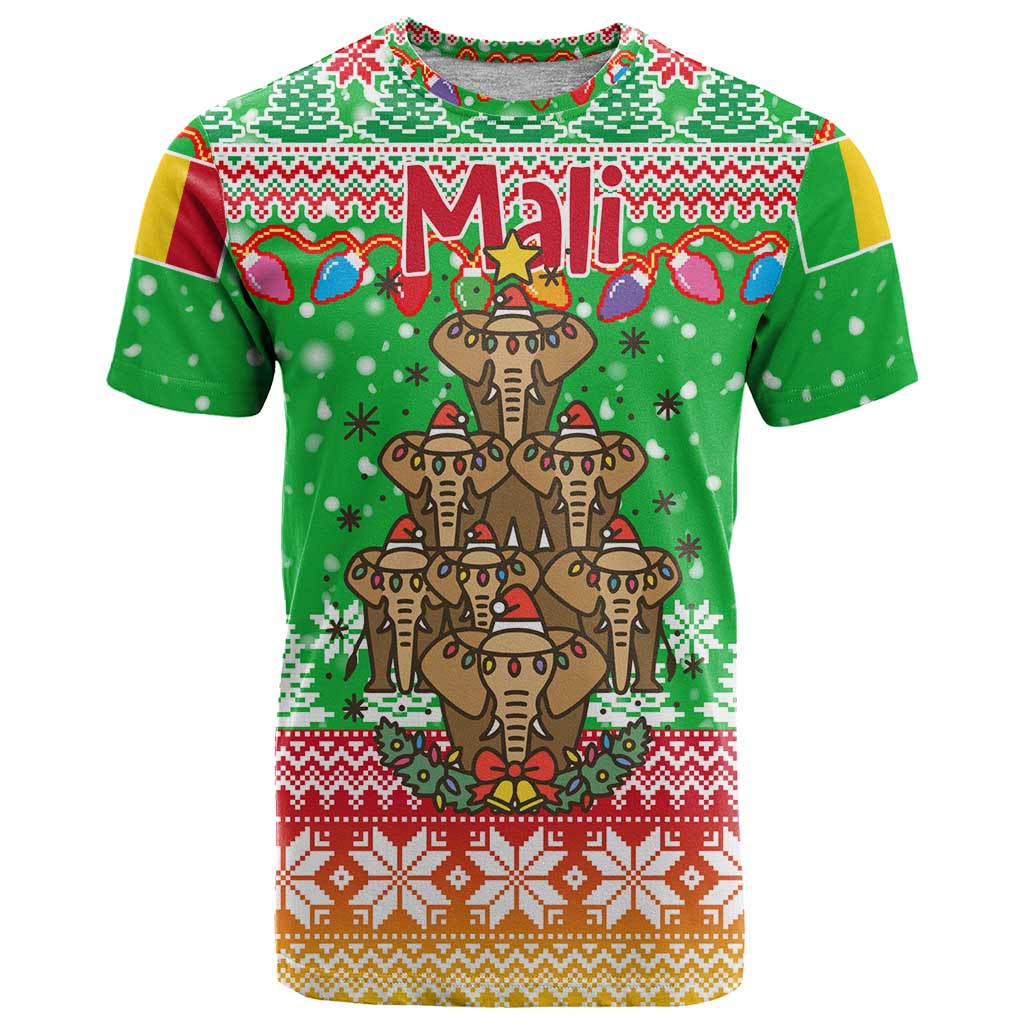Mali Christmas T-Shirt with Cartoon Elephant Pyramid Snowflakes and Holiday Lights Graphic Tee