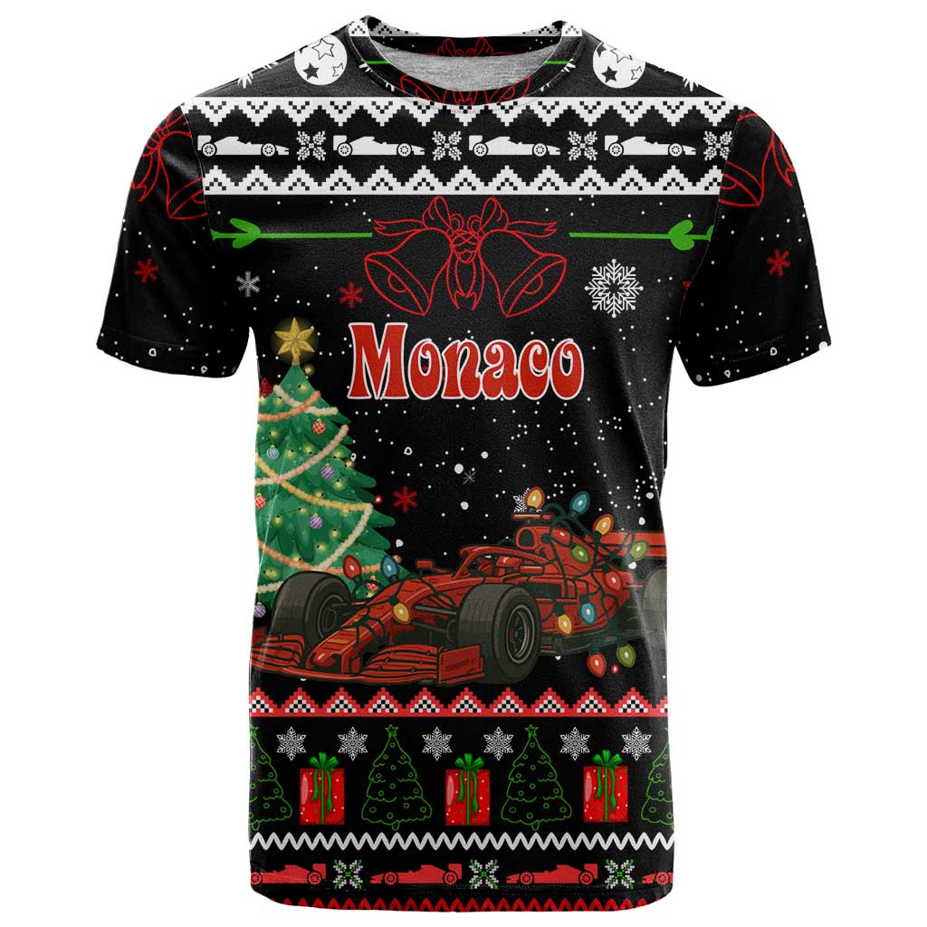Monaco Christmas T-Shirt with Race Car Christmas Tree and Snowflake Holiday Graphic Tee
