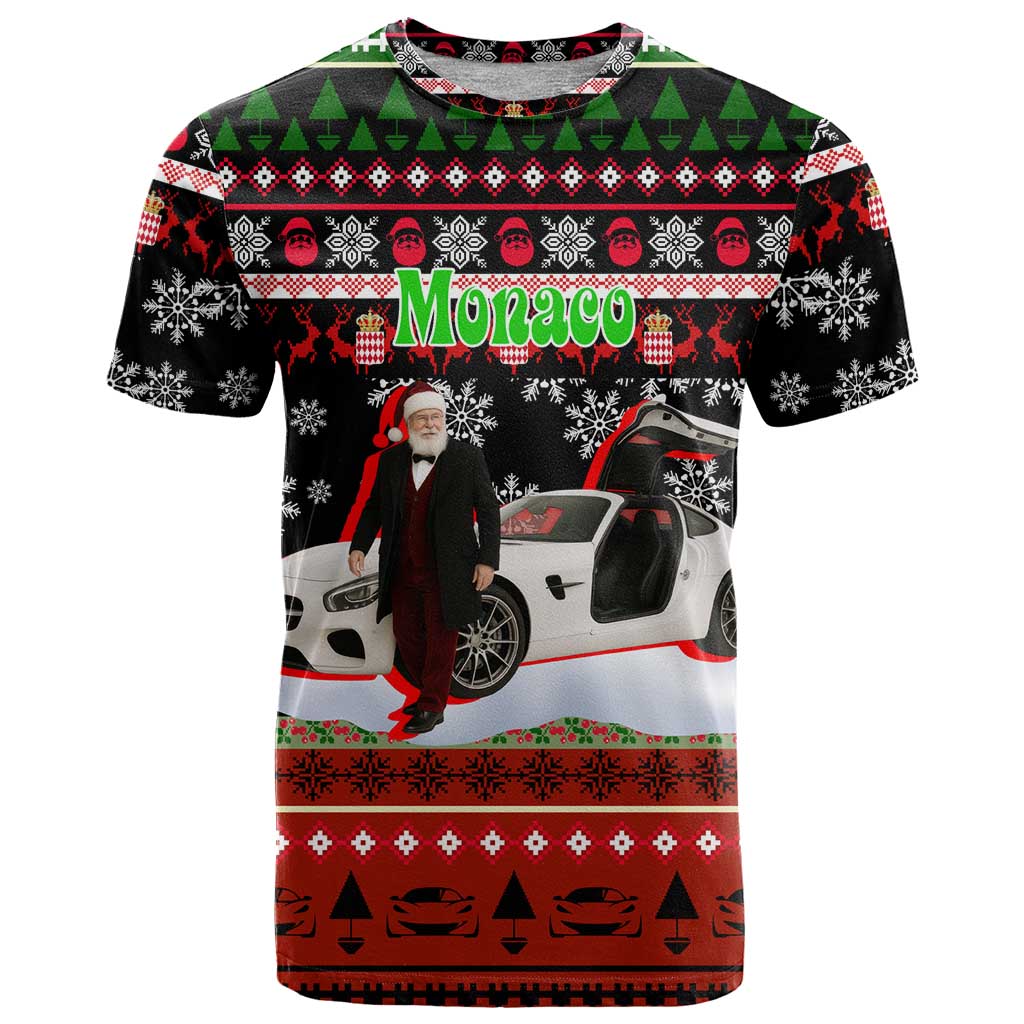 Monaco Christmas T-Shirt with Santa Claus Sports Car Snowflakes and Luxury Holiday Graphic Tee