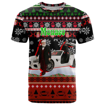 Monaco Christmas T-Shirt with Santa Claus Sports Car Snowflakes and Luxury Holiday Graphic Tee