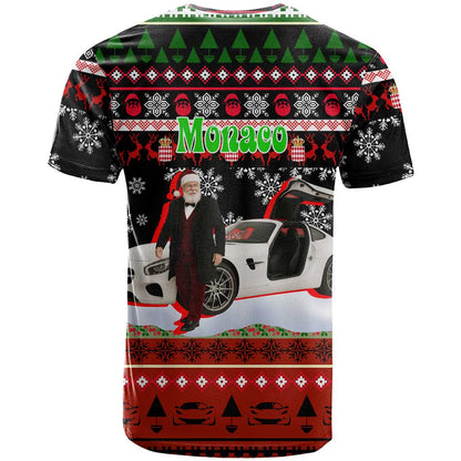 Monaco Christmas T-Shirt with Santa Claus Sports Car Snowflakes and Luxury Holiday Graphic Tee