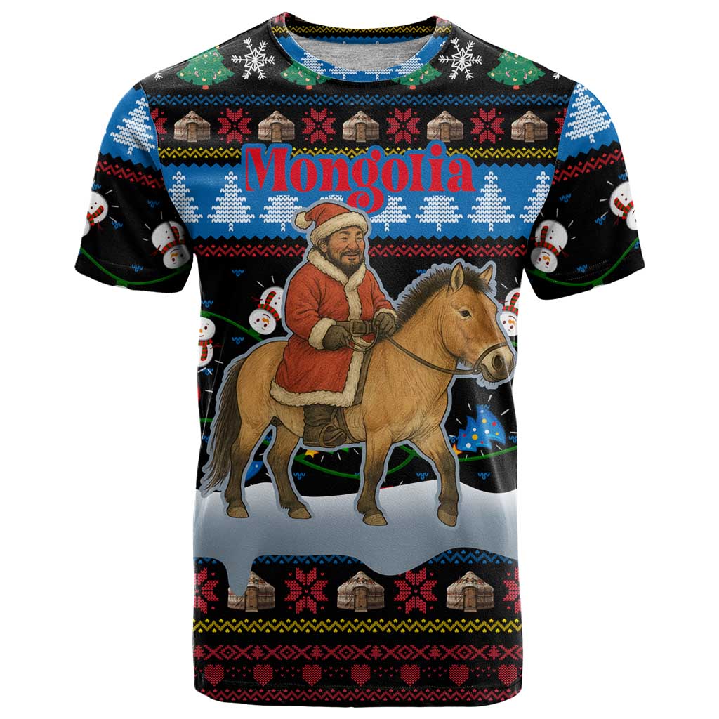 Mongolia Christmas T-Shirt with Santa Riding Horse Snowmen Yurts and Winter Holiday Graphic Tee