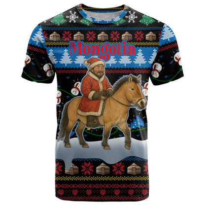 Mongolia Christmas T-Shirt with Santa Riding Horse Snowmen Yurts and Winter Holiday Graphic Tee