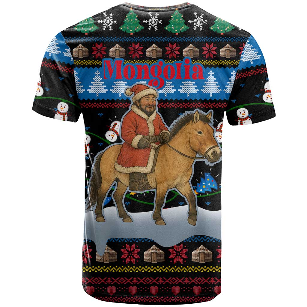 Mongolia Christmas T-Shirt with Santa Riding Horse Snowmen Yurts and Winter Holiday Graphic Tee