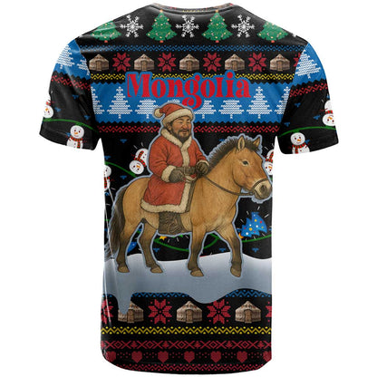 Mongolia Christmas T-Shirt with Santa Riding Horse Snowmen Yurts and Winter Holiday Graphic Tee