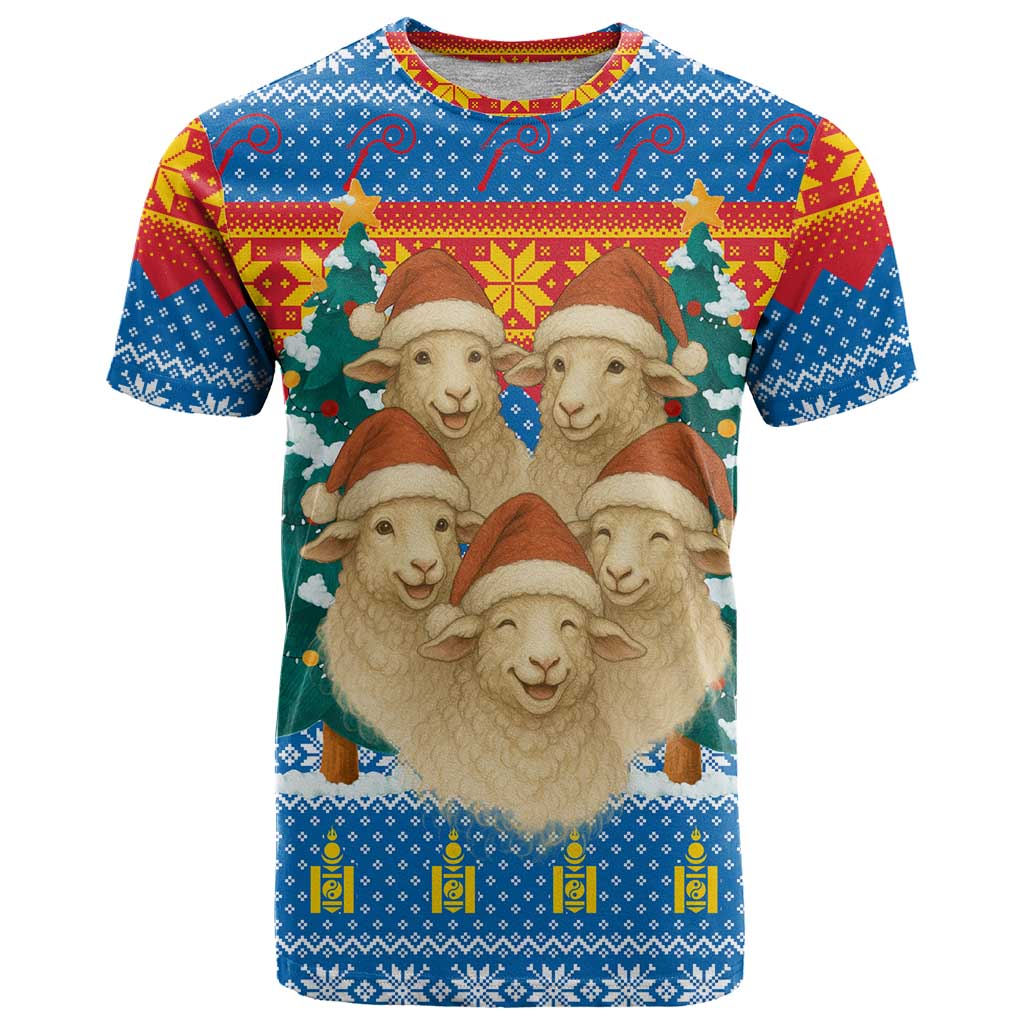 Mongolia Christmas T-Shirt with Santa Sheep Christmas Trees and Snowflake Graphic Tee