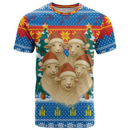 Mongolia Christmas T-Shirt with Santa Sheep Christmas Trees and Snowflake Graphic Tee
