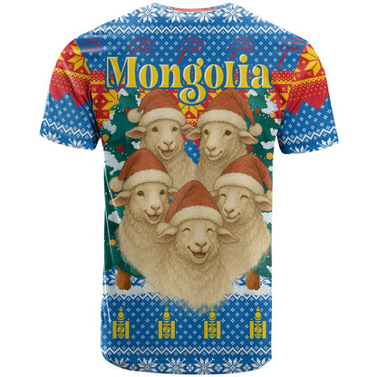 Mongolia Christmas T-Shirt with Santa Sheep Christmas Trees and Snowflake Graphic Tee