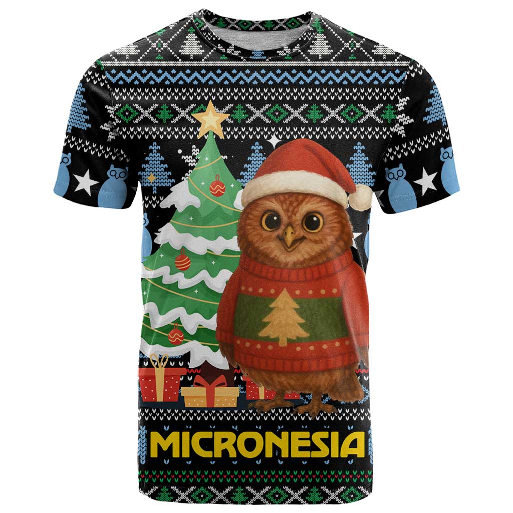 Micronesia Christmas T-Shirt with Santa Owl Christmas Tree Gifts and Snowflake Graphic Tee