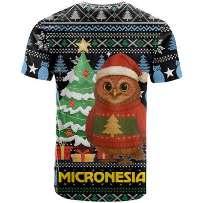 Micronesia Christmas T-Shirt with Santa Owl Christmas Tree Gifts and Snowflake Graphic Tee