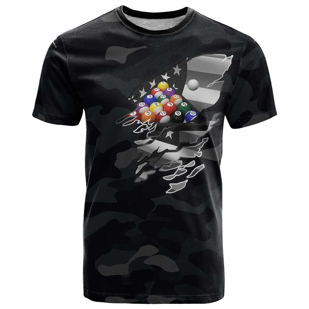 Custom American Flag Billiards T-Shirt with 8-Ball Wings and Camo Background Graphic Tee