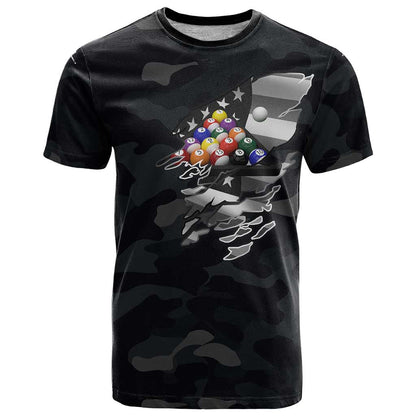 Custom American Flag Billiards T-Shirt with 8-Ball Wings and Camo Background Graphic Tee