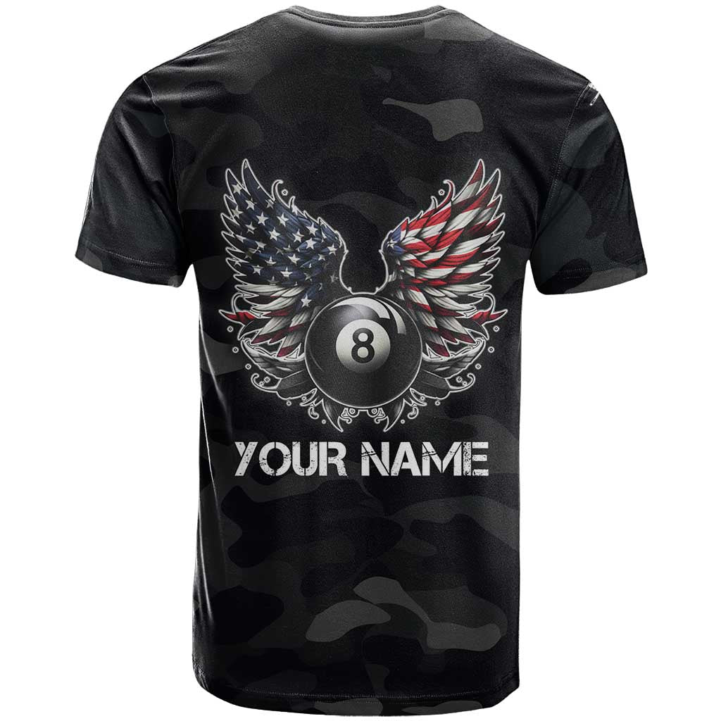 Custom American Flag Billiards T-Shirt with 8-Ball Wings and Camo Background Graphic Tee
