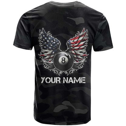 Custom American Flag Billiards T-Shirt with 8-Ball Wings and Camo Background Graphic Tee