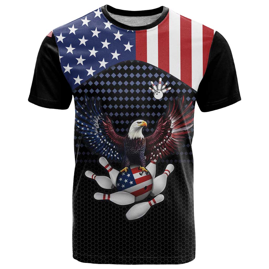 Custom Patriotic Bowling T-Shirt with Bald Eagle, American Flag Bowling Ball Graphic Tee