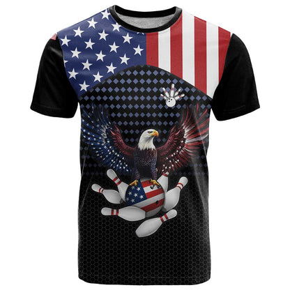 Custom Patriotic Bowling T-Shirt with Bald Eagle, American Flag Bowling Ball Graphic Tee