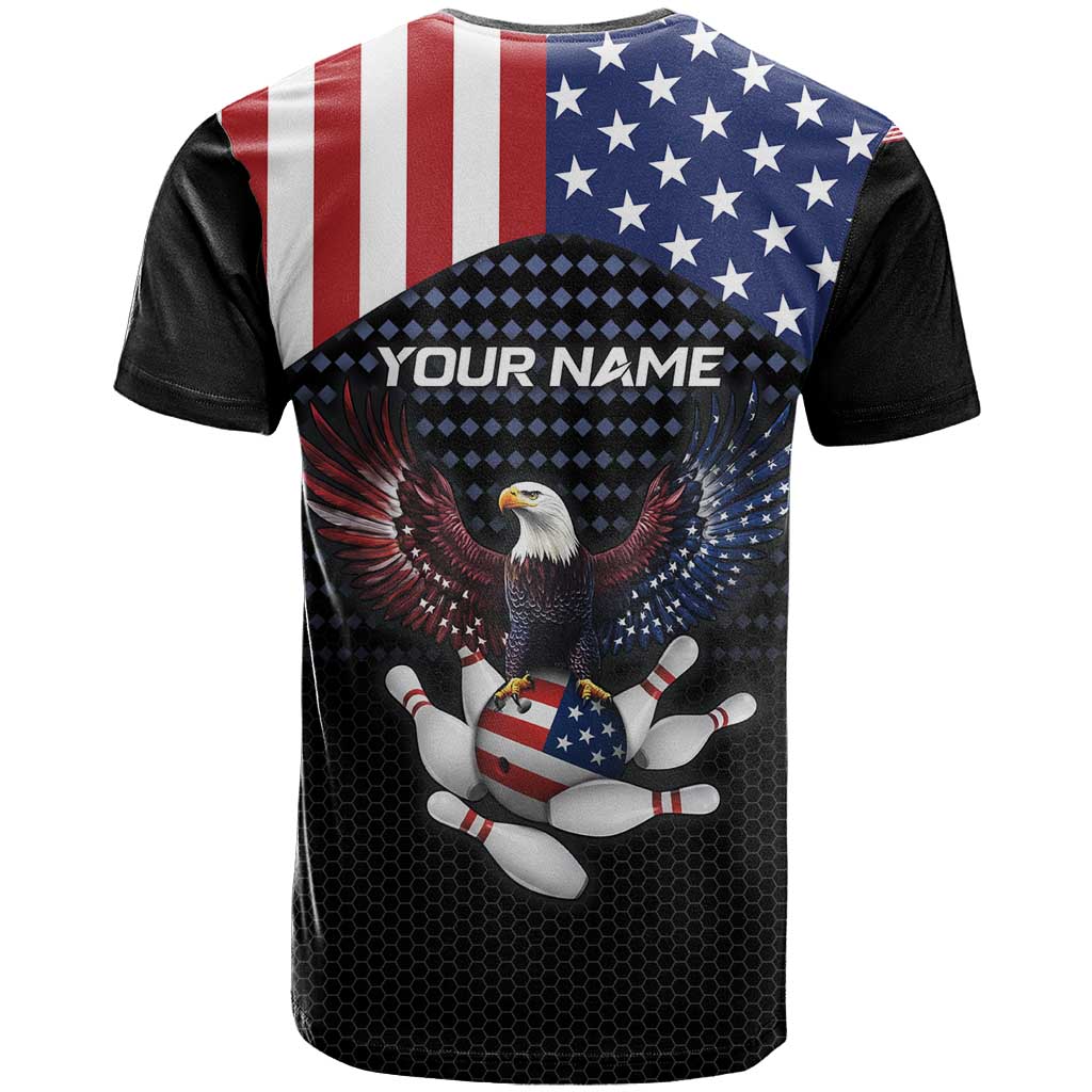 Custom Patriotic Bowling T-Shirt with Bald Eagle, American Flag Bowling Ball Graphic Tee