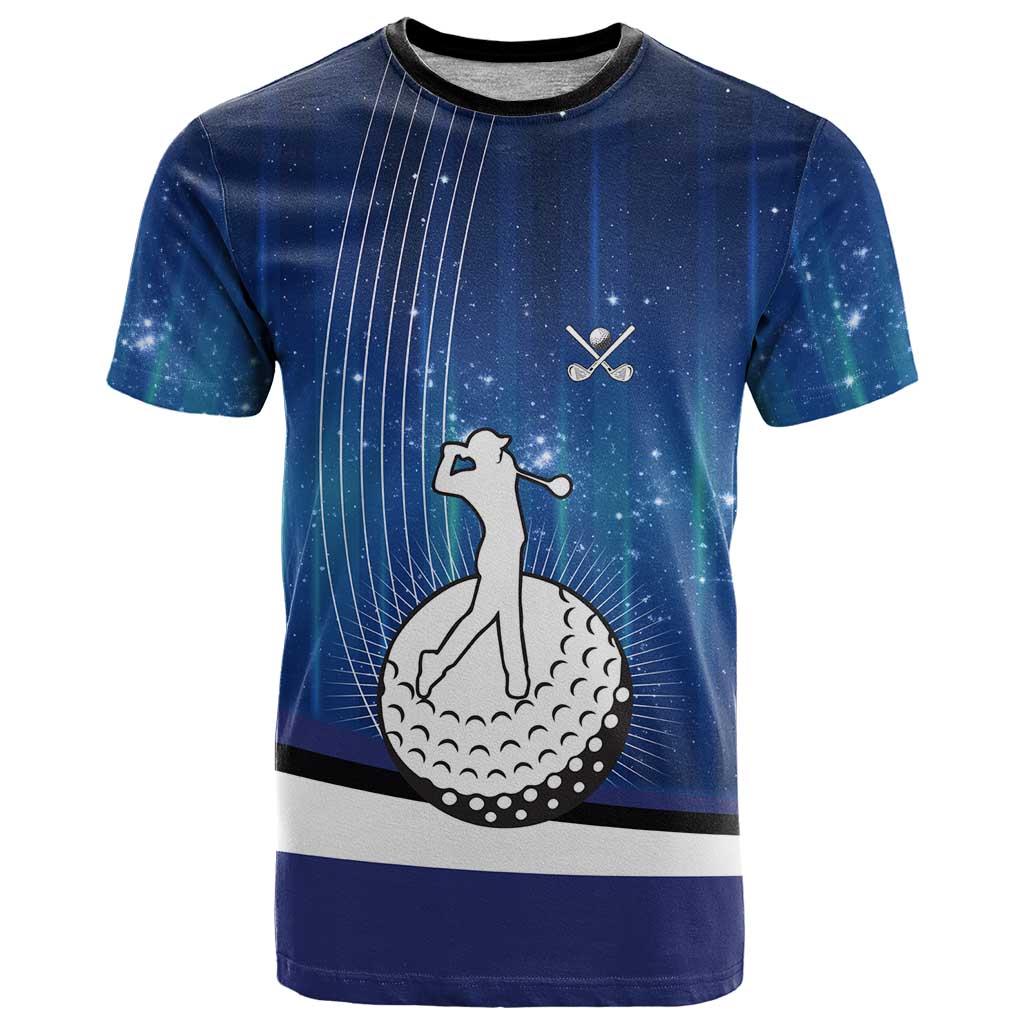Custom Galaxy Golf T-Shirt with Golfer Silhouette, Golf Ball Design Graphic Tee