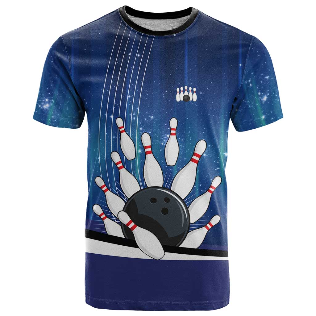 Custom Galaxy Bowling T-Shirt with Striking Pins and Ball Design Graphic Tee