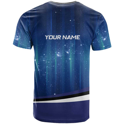 Custom Galaxy Bowling T-Shirt with Striking Pins and Ball Design Graphic Tee