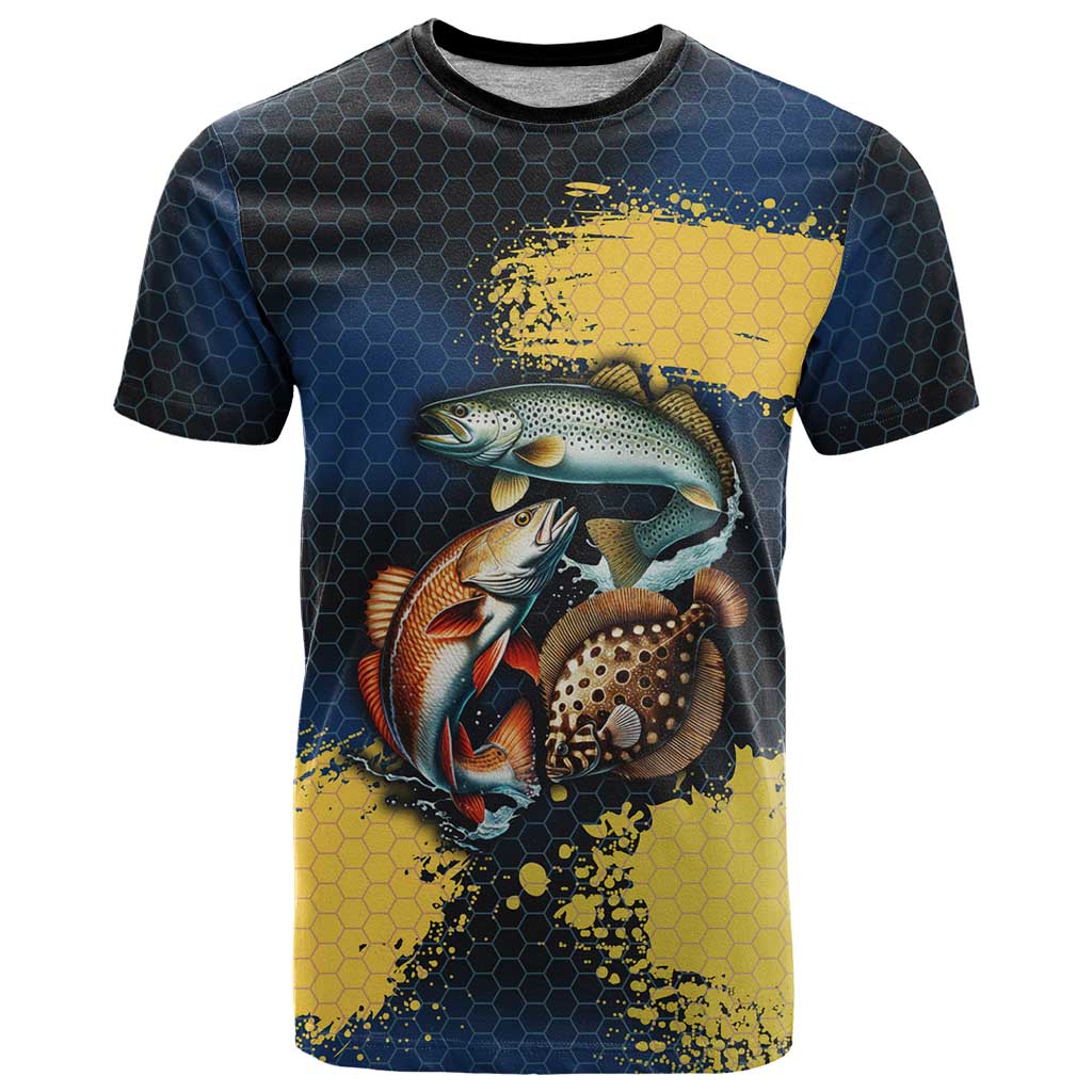 Custom Camo Redfish T-Shirt with Colorful Fish Design, Yellow Splatter Pattern Graphic Tee