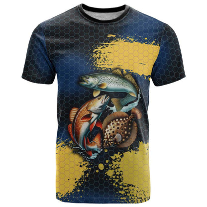 Custom Camo Redfish T-Shirt with Colorful Fish Design, Yellow Splatter Pattern Graphic Tee