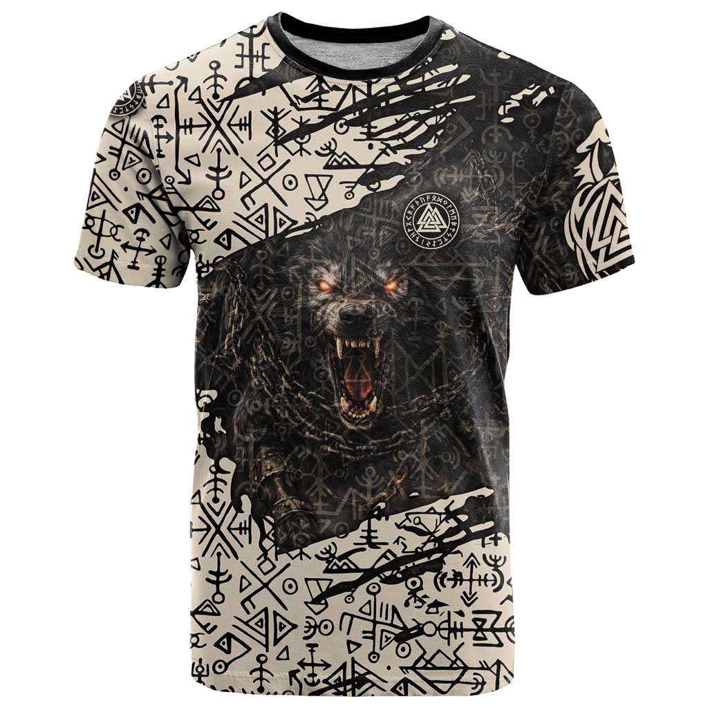 Fenrir T-Shirt with Norse Symbols and Howling Wolf Viking Mythology Tribute Graphic Tee