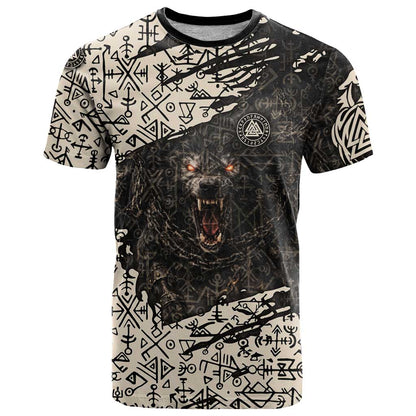 Fenrir T-Shirt with Norse Symbols and Howling Wolf Viking Mythology Tribute Graphic Tee