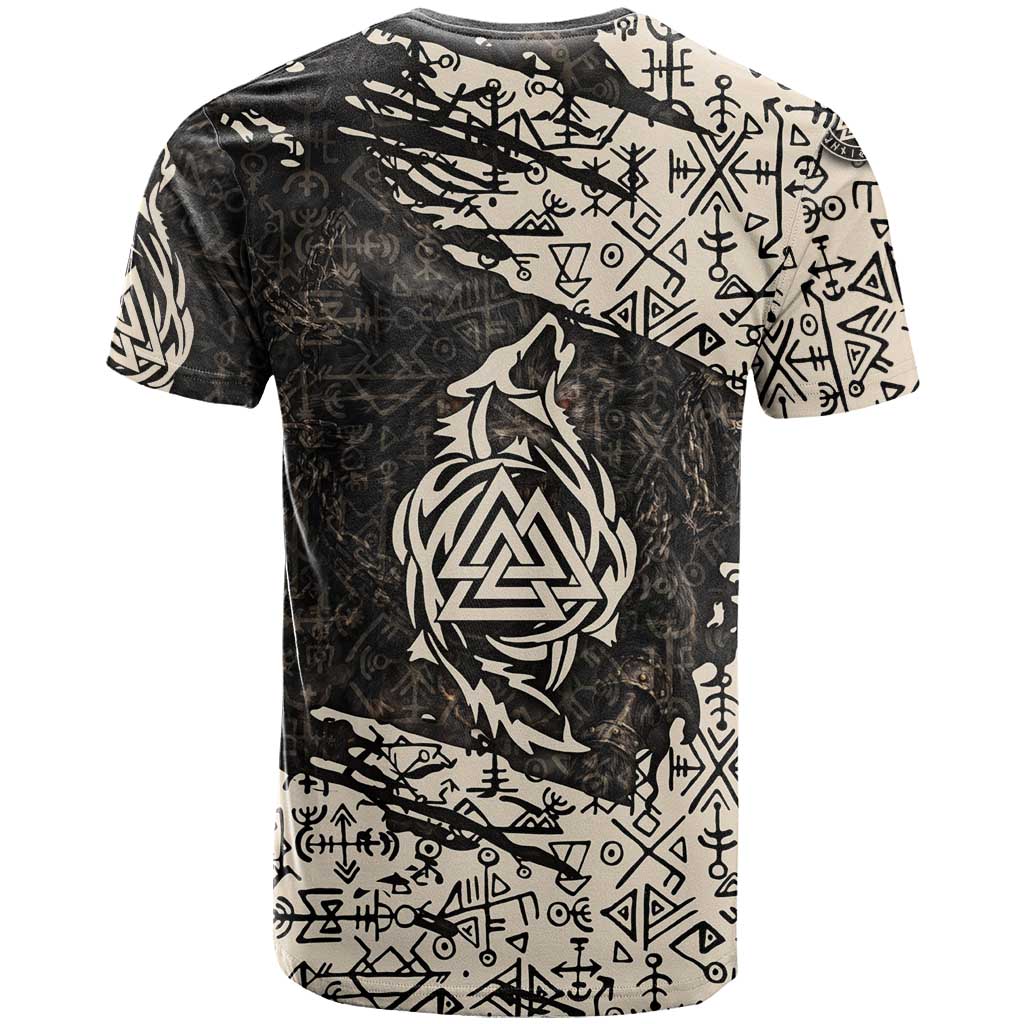 Fenrir T-Shirt with Norse Symbols and Howling Wolf Viking Mythology Tribute Graphic Tee