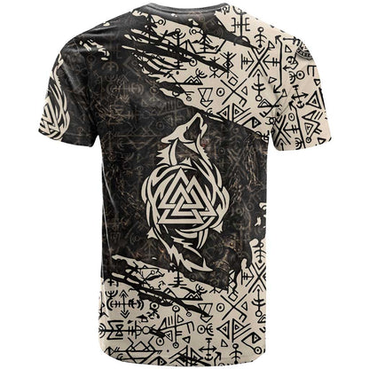 Fenrir T-Shirt with Norse Symbols and Howling Wolf Viking Mythology Tribute Graphic Tee