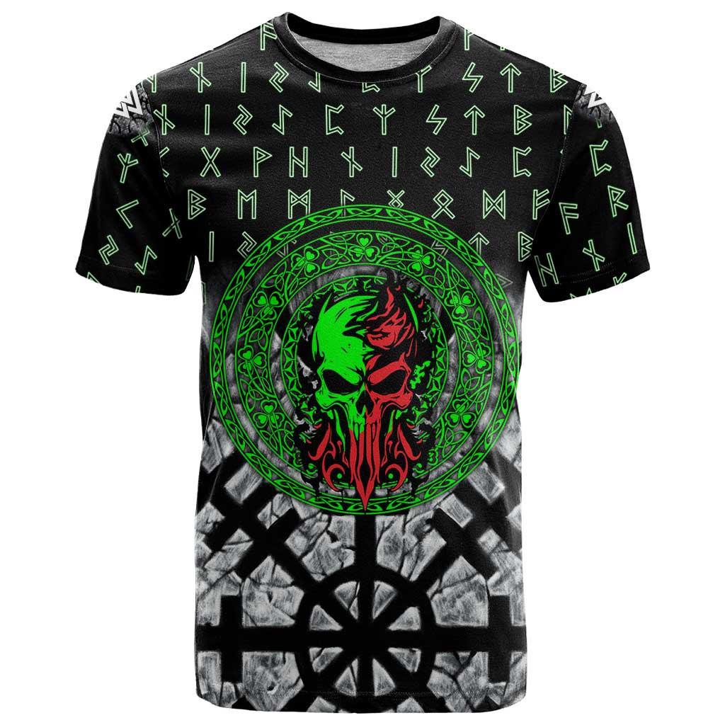 Flaming Skull T-Shirt with Green Runes and Norse Symbols Viking Warrior Tribute Graphic Tee