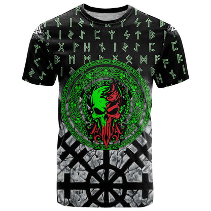 Flaming Skull T-Shirt with Green Runes and Norse Symbols Viking Warrior Tribute Graphic Tee