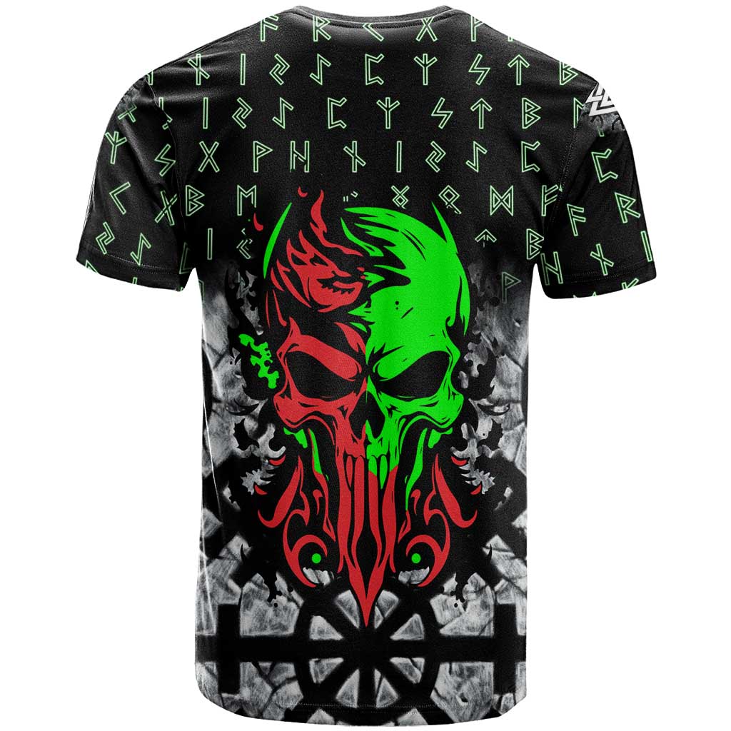 Flaming Skull T-Shirt with Green Runes and Norse Symbols Viking Warrior Tribute Graphic Tee