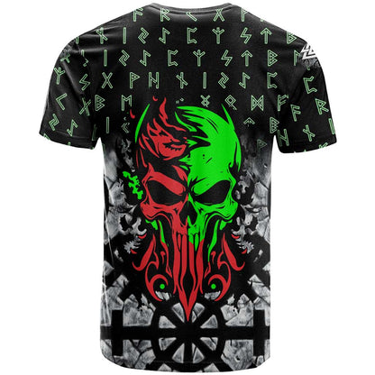 Flaming Skull T-Shirt with Green Runes and Norse Symbols Viking Warrior Tribute Graphic Tee