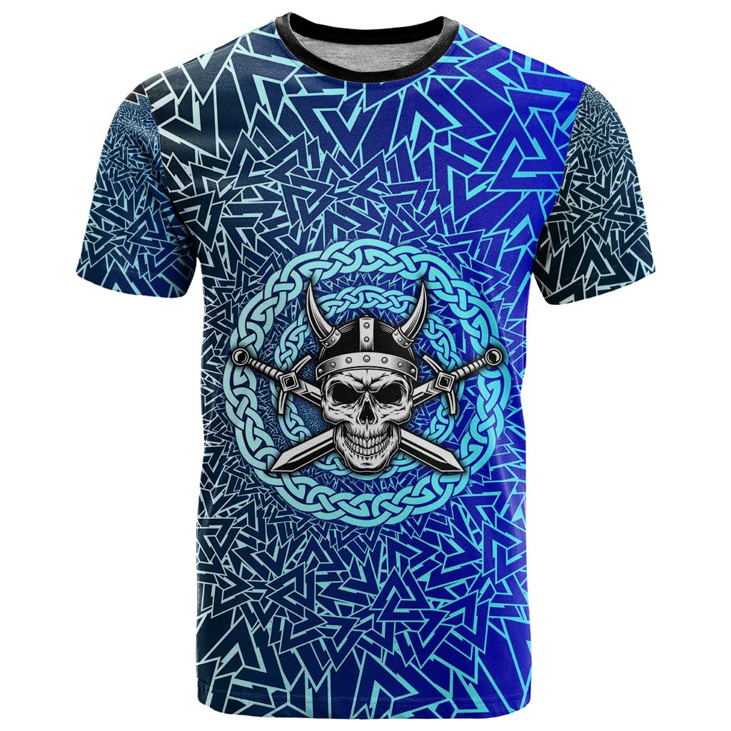Viking Skull T-Shirt with Horned Helmet and Swords Nordic Warrior Tribute Graphic Tee