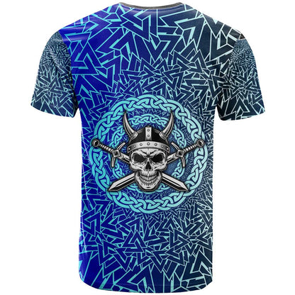 Viking Skull T-Shirt with Horned Helmet and Swords Nordic Warrior Tribute Graphic Tee
