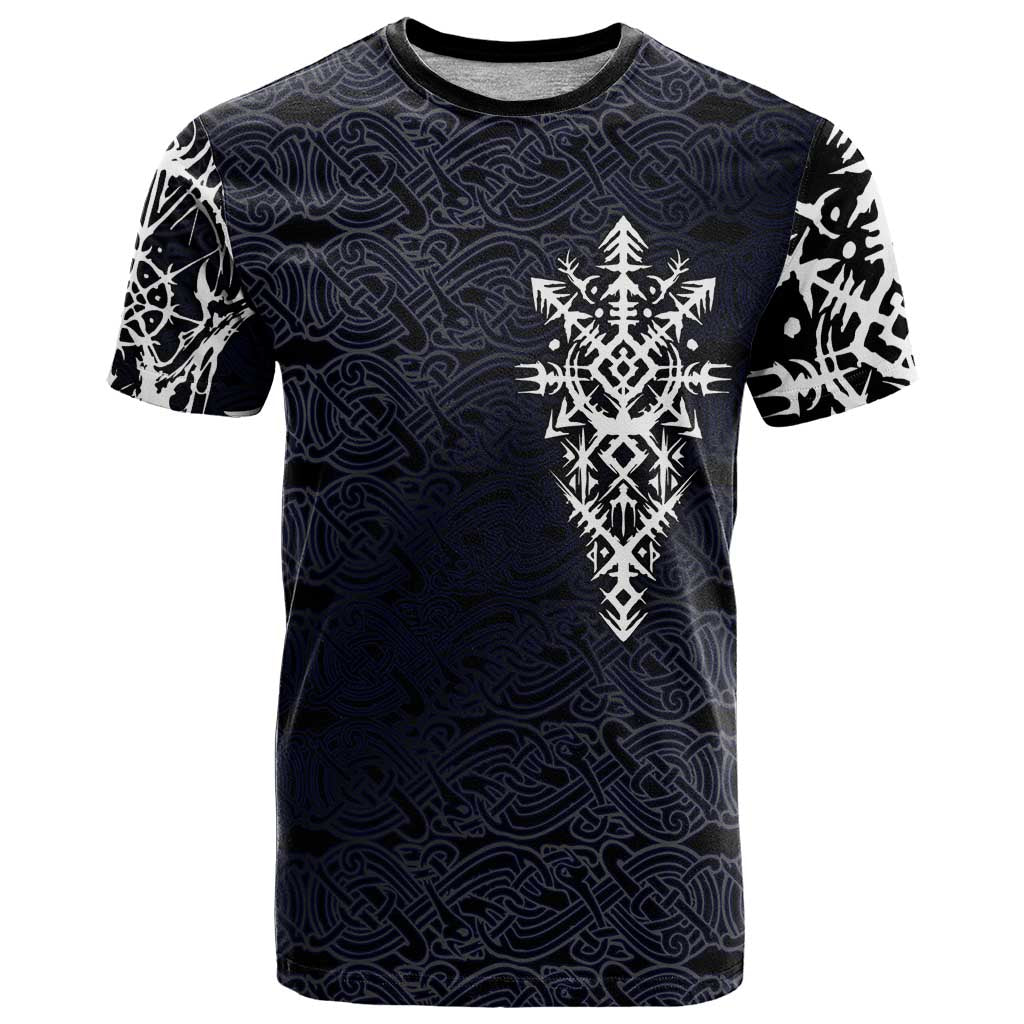 Runic Skull T-Shirt with Nordic Symbols and Knot Pattern Viking Heritage Tribute Graphic Tee