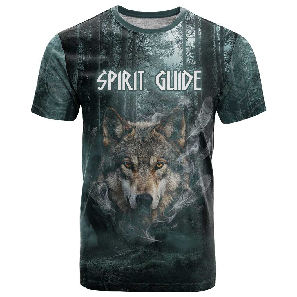 Spirit Guide Wolf T-Shirt with Forest Background Tribal Paw Print with Nature Symbols Native American Graphic Tee