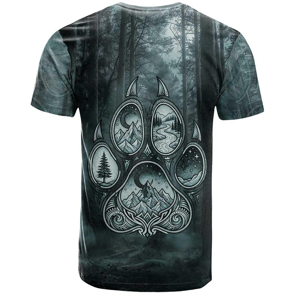 Spirit Guide Wolf T-Shirt with Forest Background Tribal Paw Print with Nature Symbols Native American Graphic Tee